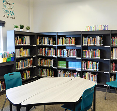 Lincoln Elementary Libary - A room with a book case, books, chair and tables.